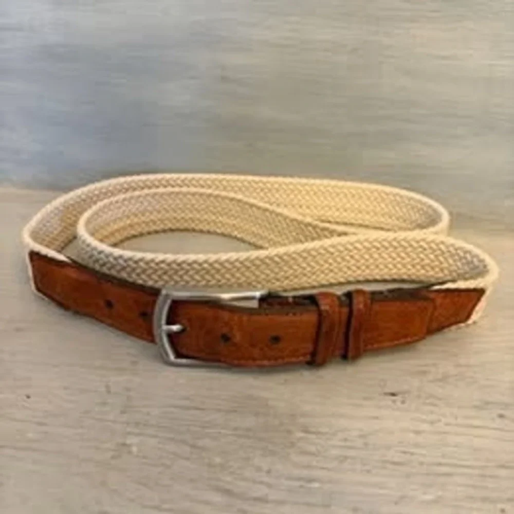 Torino Men's Cream Woven Stretch Belt w/ Brown Leather Trim 47-51